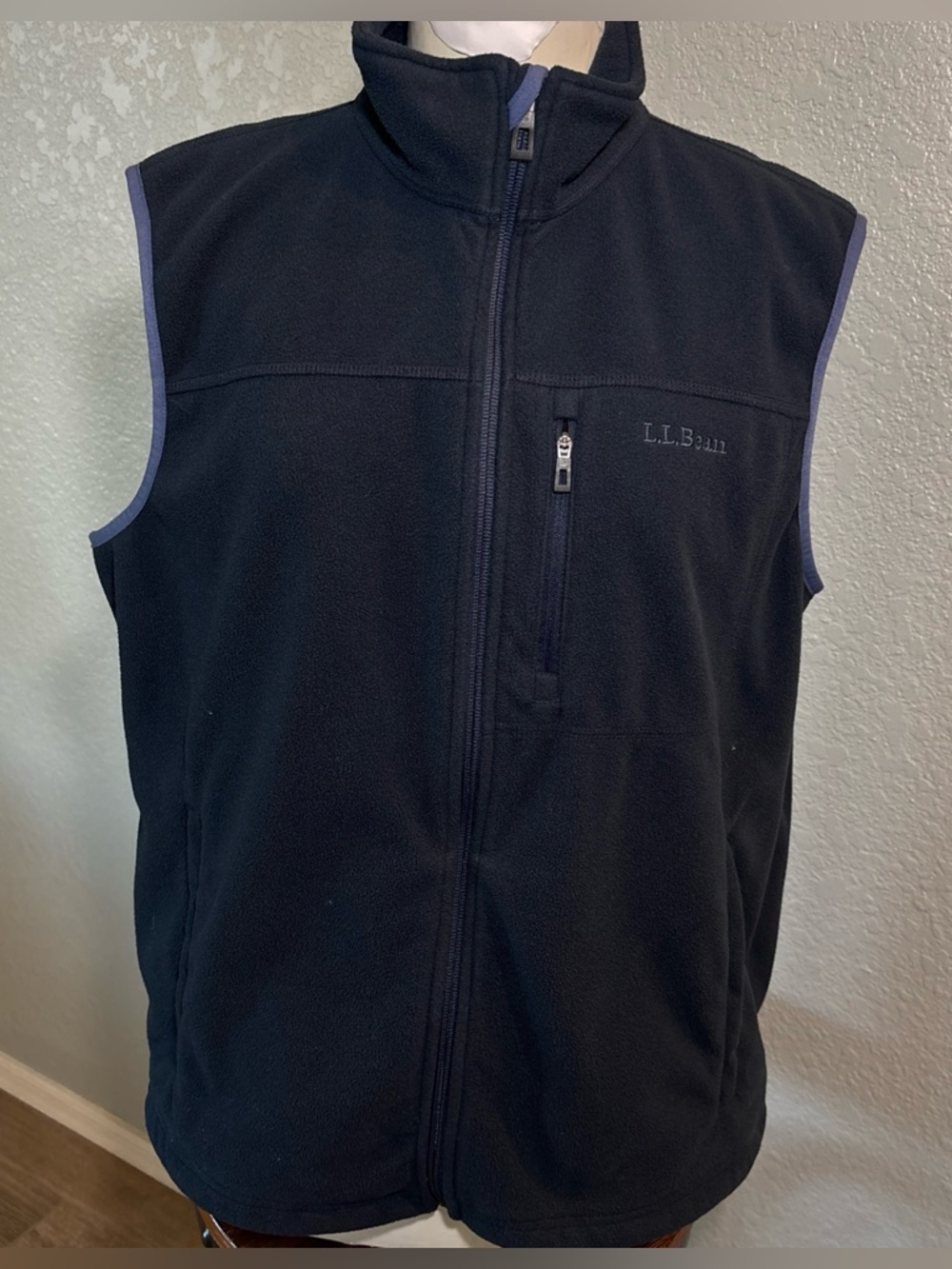 L.L. Bean Black Fleece Zip-Up Vest with Navy Trim